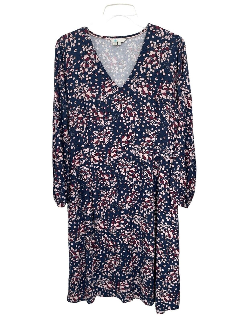 Boden Dress Autumnal Leaves Easy Midi Blue Floral Size 14